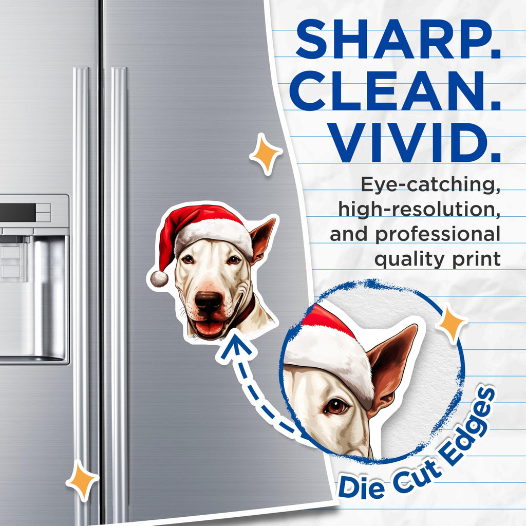 (2 Pack) Bull Terrier Santa Hat Magnets - Christmas Dog Refrigerator Decor - Holiday Pet Animal Art - 5 Inches On Longest Side - Thick Durable Magnet - Made in USA - MAG25679