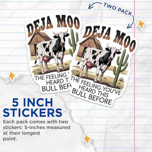 (2 Pack) Deja Moo Stickers - Funny Cow Stickers - Farm Animal Humor - Hilarious Vinyl Decals - 5" On Longest Side - Sticks to Smooth Flat Surfaces - Made in USA - BMCS9584