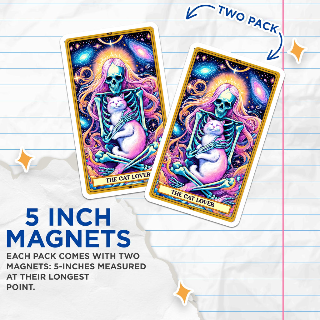 (2 Pack) Cat Lover Magnets - Pink Hair Skeleton Holding Cat - Cosmic Witchy Feline Art - Unique Mystical Home Decor - 5 Inches On Longest Side - Thick Durable Magnet - Made in USA - MAG23935