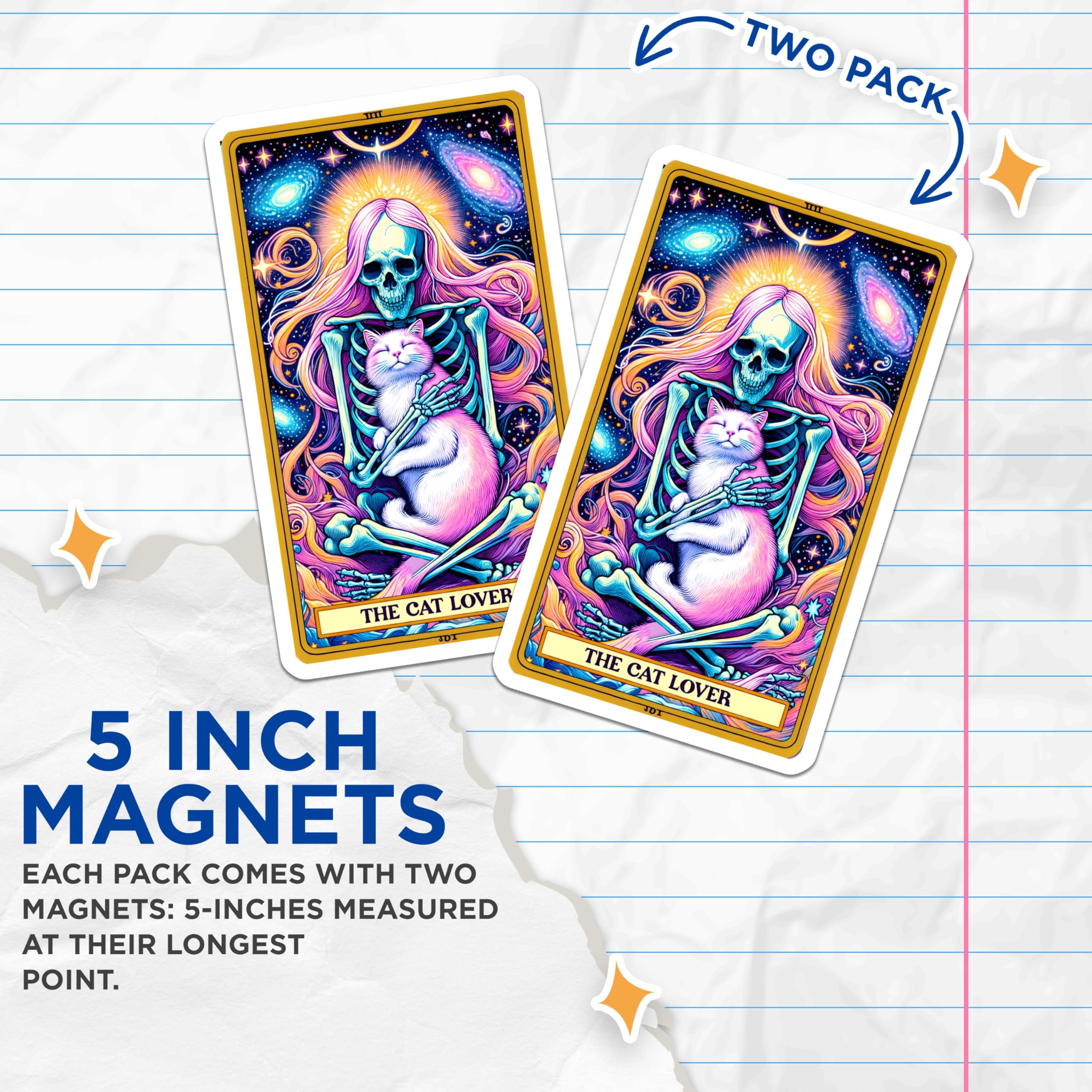 (2 Pack) Cat Lover Magnets - Pink Hair Skeleton Holding Cat - Cosmic Witchy Feline Art - Unique Mystical Home Decor - 5 Inches On Longest Side - Thick Durable Magnet - Made in USA - MAG23935