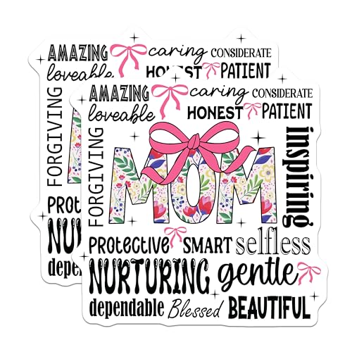 (2 Pack) Mom Stickers - Inspirational Words - Floral Design - 5" On Longest Side - Sticks to Smooth Flat Surfaces - Made in USA - BMCS9563