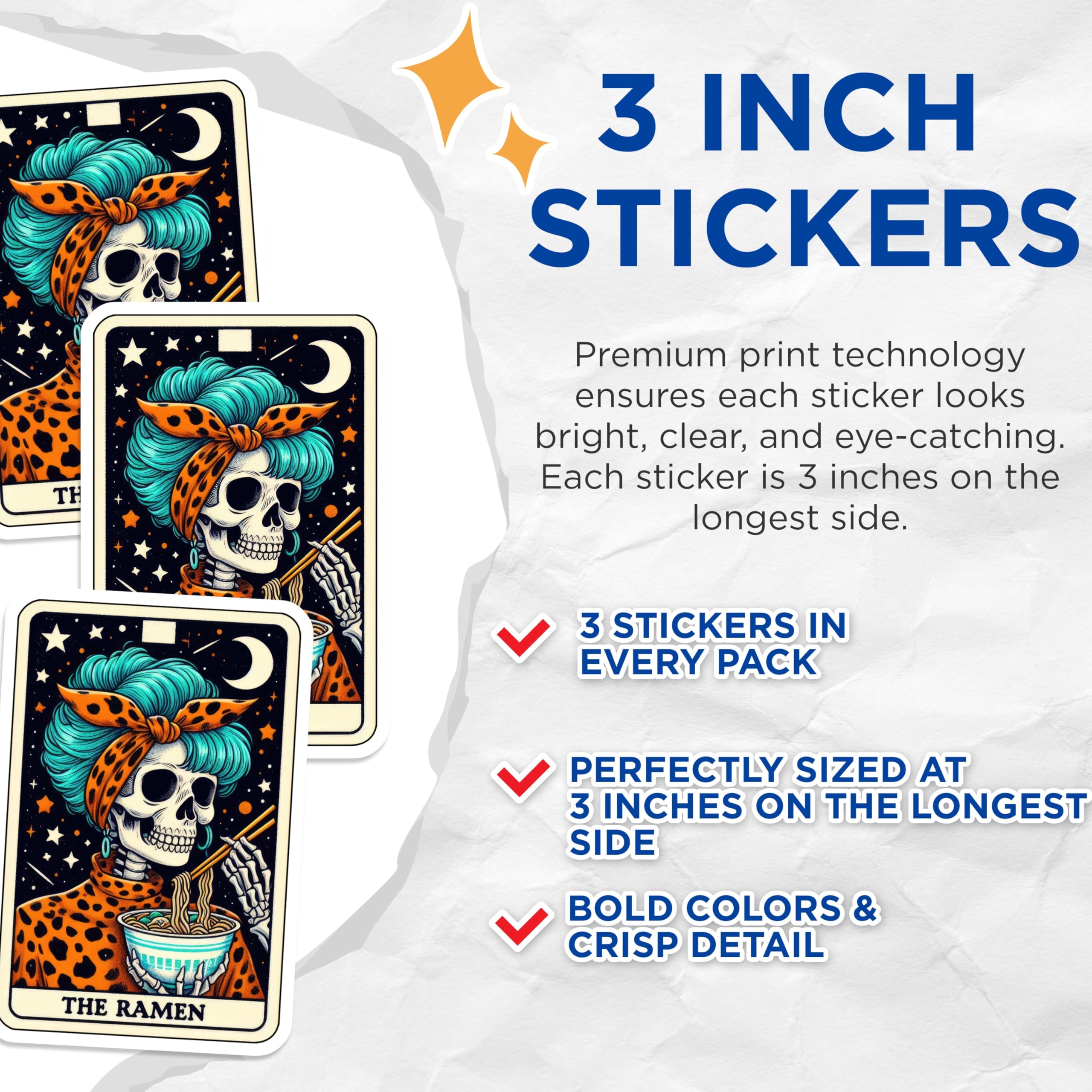 (3 Pack) Ramen Tarot Card Decals - Skull Noodle Art - Laptop Stickers - The Ramen Card Decal - 3 Inches On Longest Side - Easy Peel & Apply - Made in USA - 3MCS4253