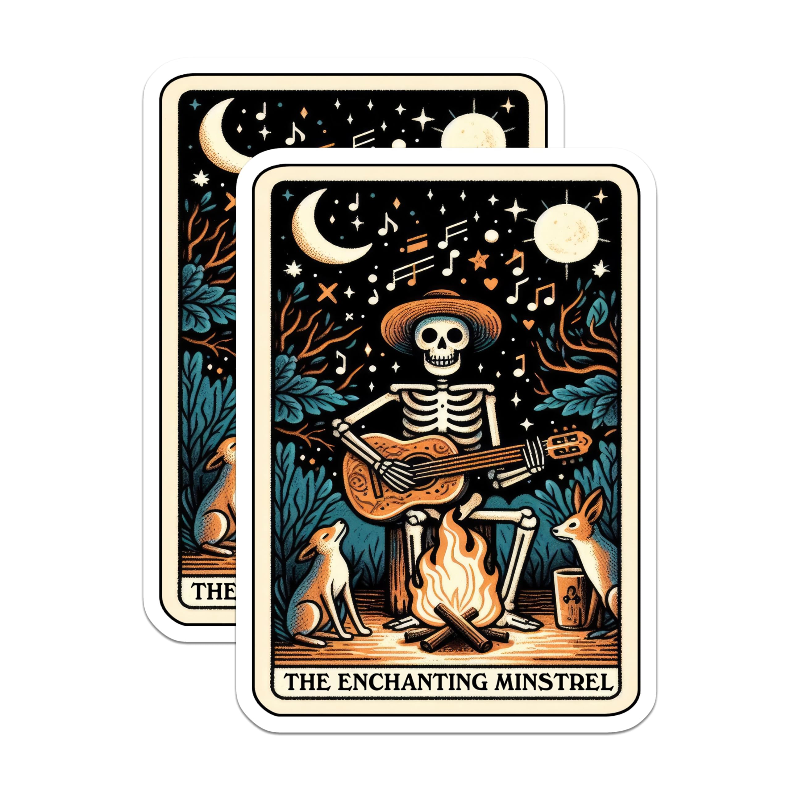 (2 Pack) Enchanting Minstrel Stickers - Skeleton Playing Guitar - Campfire Music Art Stickers - 5" On Longest Side - Sticks to Smooth Flat Surfaces - Made in USA - BMCS5405