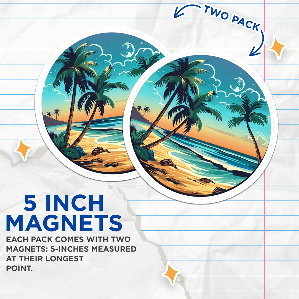 (2 Pack) Tropical Beach Scene Magnets - Palm Tree Sunset Ocean Decor - Vacation Planner Item - Refrigerator Art - 5 Inches On Longest Side - Thick Durable Magnet - Made in USA - MAG37071