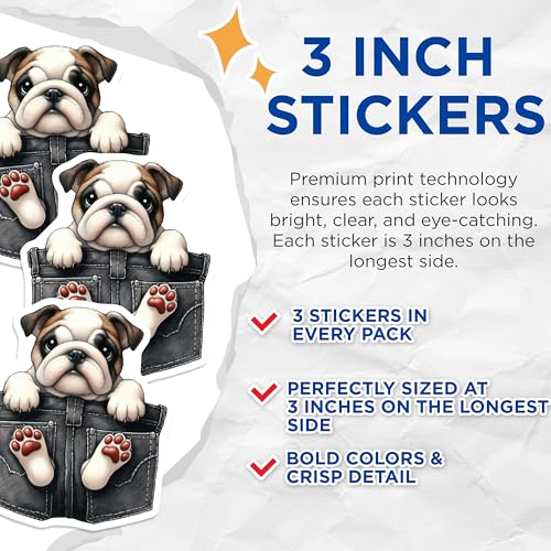 (3 Pack) Bulldog Decals - Cute Pocket Dog - Puppy Laptop Stickers - 3 Inches On Longest Side - Easy Peel & Apply - Made in USA - 3MCS2730