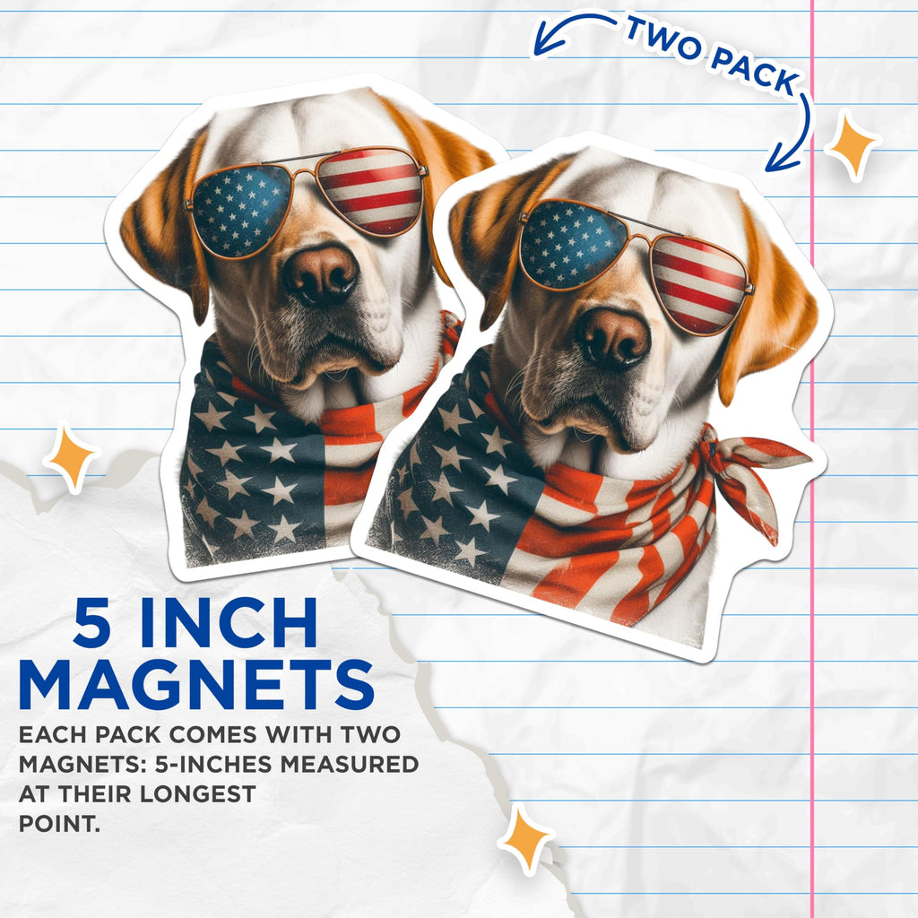 (2 Pack) Patriotic Dog Magnets - American Flag Sunglasses - USA Bandana Decor - 5" On Longest Side - Premium Magnet - for Cars, Refrigerators, Toolboxes, Lockers - Made in USA - MAG15581