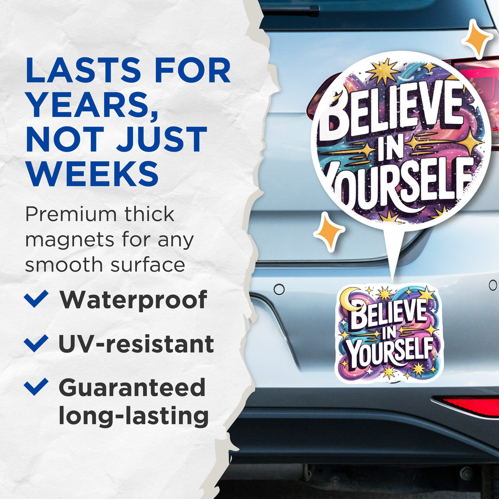 (2 Pack) Believe in Yourself Magnets - Motivational Affirmation - Space Galaxy Celestial Design - Encouragement Art - 5 Inches On Longest Side - Thick Durable Magnet - Made in USA - MAG37801