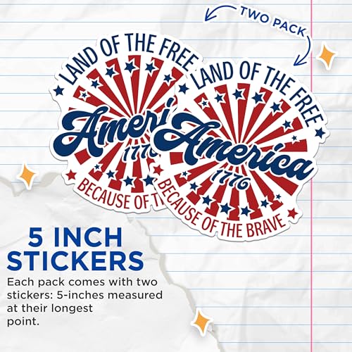 (2 Pack) Patriotic America Stickers - Land of The Free - Because of The Brave - 1776 Stars and Stripes - 5" On Longest Side - Sticks to Any Smooth Flat Surface - Made in USA - BMCS2990