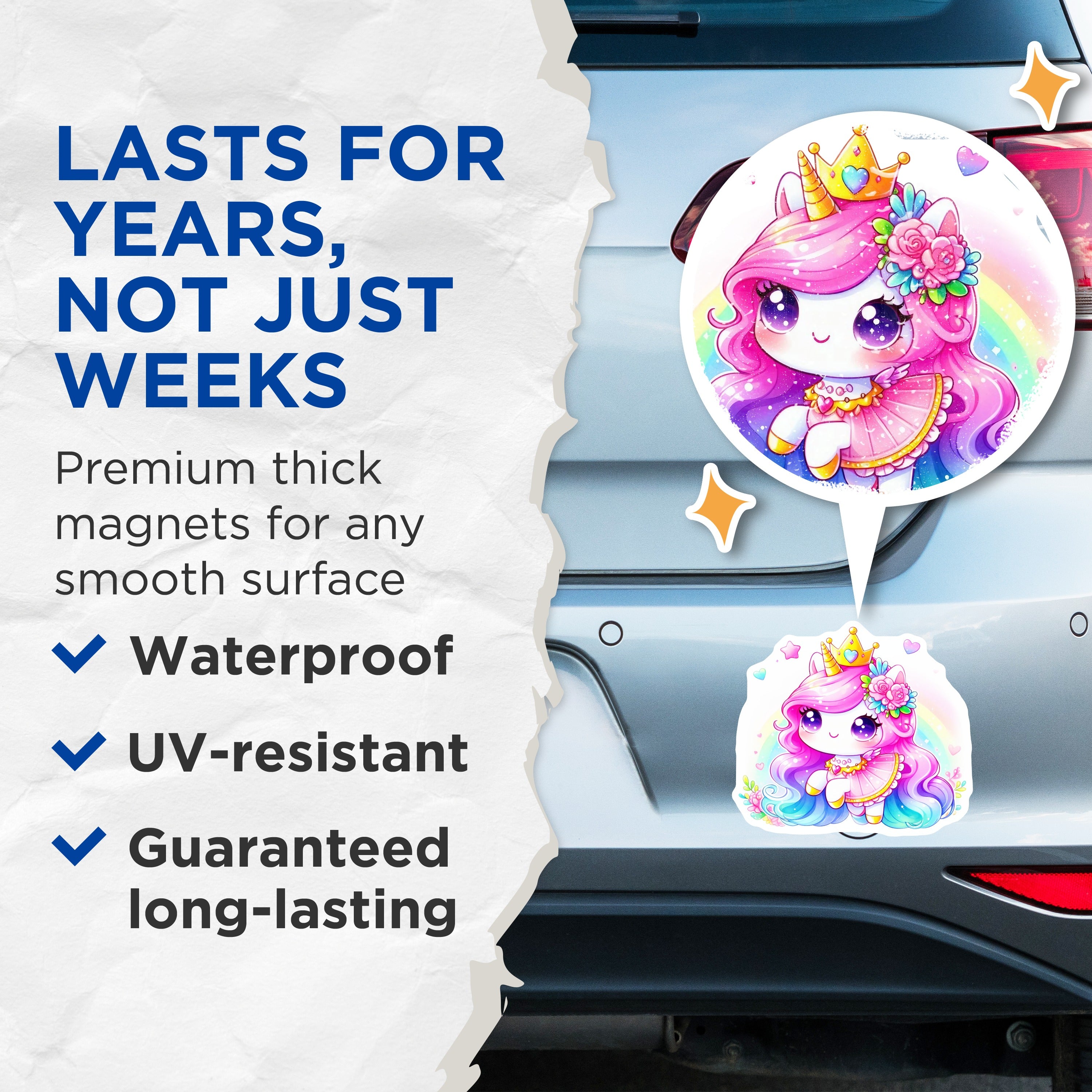 (2 Pack) Kawaii Unicorn Magnets - Cute Rainbow Princess Decor - Magical Fantasy Fridge Accent - 5 Inches On Longest Side - Thick Durable Magnet - Made in USA - MAG36276