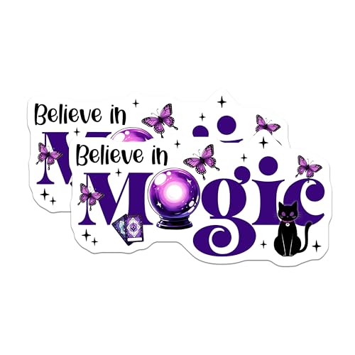 (2 Pack) Believe in Magic Stickers - Fantasy Cat - Inspirational Crystal - 5" On Longest Side - Sticks to Smooth Flat Surfaces - Made in USA - BMCS8071