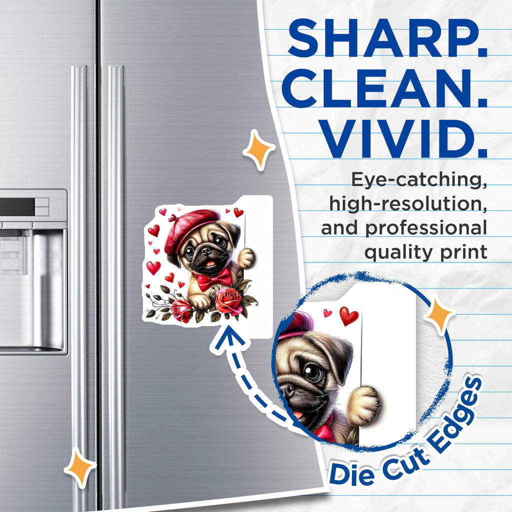 (2 Pack) Pug Dog Magnets - Valentines Decor - Puppy with Bowtie and Roses - 5" On Longest Side - Premium Magnet - for Cars, Refrigerators, Toolboxes, Lockers - Made in USA - MAG15312