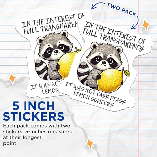 (2 Pack) Racoon with Lemon Stickers - Funny Animal Stickers - Full Transparency Stickers - 5" On Longest Side - Sticks to Smooth Flat Surfaces - Made in USA - BMCS5782