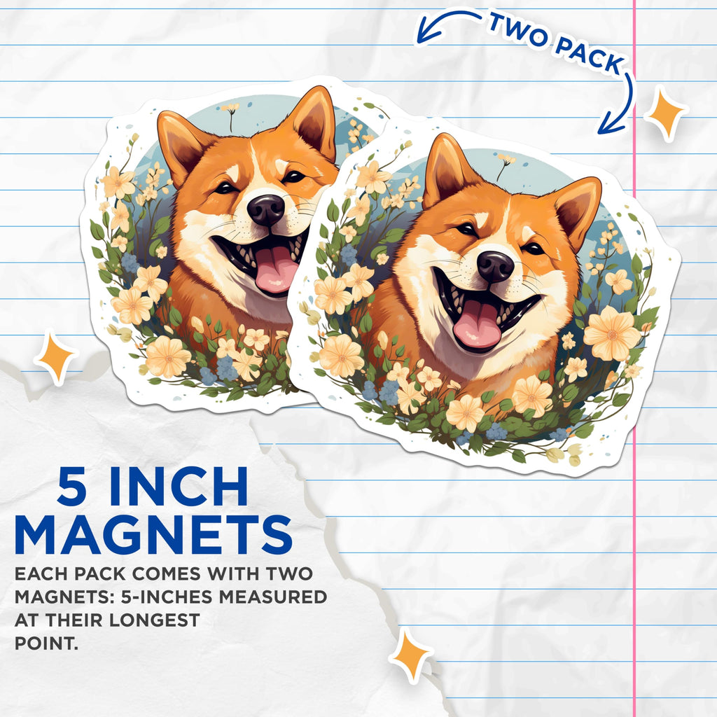 (2 Pack) Shiba Inu Magnets - Cute Dog Lover Pet Parent - Floral Aesthetic Refrigerator Decor - 5 Inches On Longest Side - Thick Durable Magnet - Made in USA - MAG27267