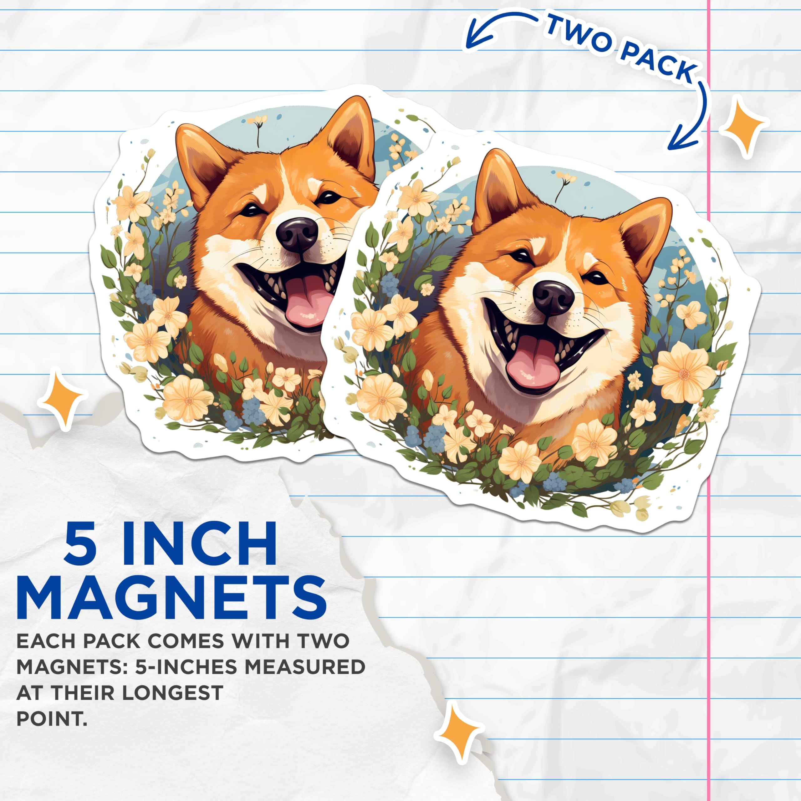 (2 Pack) Shiba Inu Magnets - Cute Dog Lover Pet Parent - Floral Aesthetic Refrigerator Decor - 5 Inches On Longest Side - Thick Durable Magnet - Made in USA - MAG27267