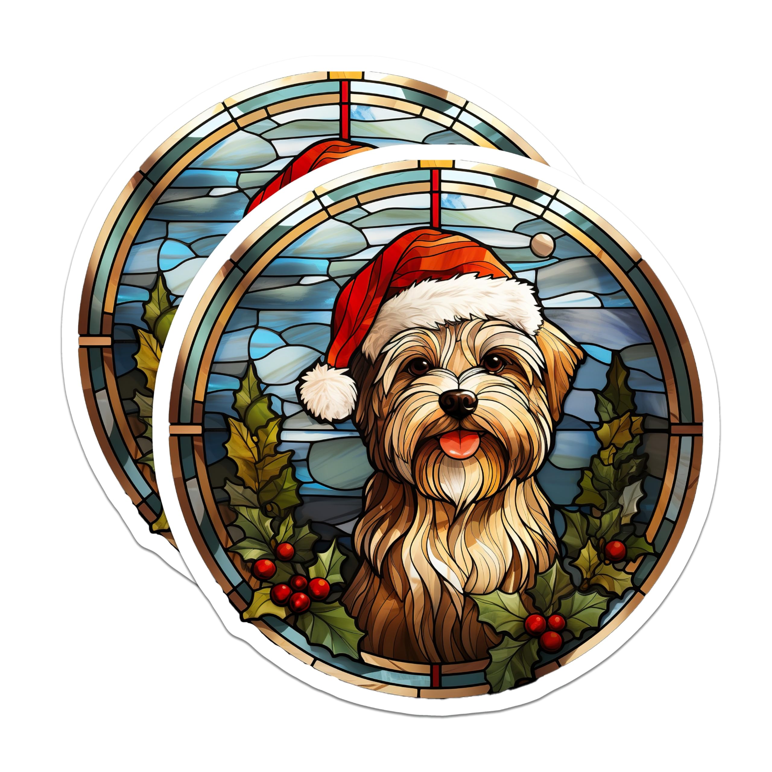 (2 Pack) Holiday Dog Magnets - Stained Glass Pet Decor - Santa Hat Fluffy Dog Magnets - 5 Inches On Longest Side - Thick Durable Magnet - Made in USA - MAG25803