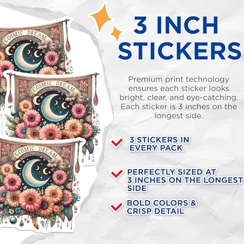 (3 Pack) Cosmic Dream Decals - Moon and Flowers Decal - Laptop Decal - 3 Inches On Longest Side - Easy Peel & Apply - Made in USA - 3MCS7644