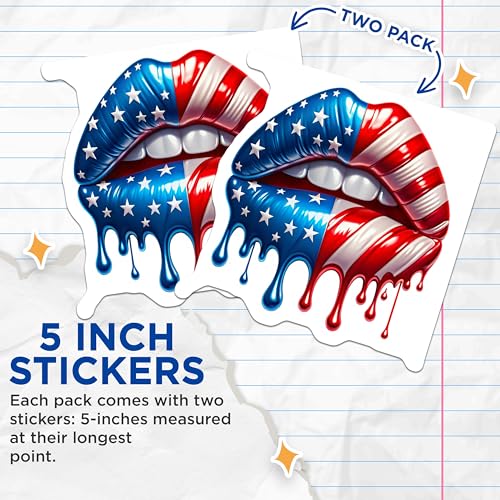 (2 Pack) American Flag Lip Stickers - Patriotic Lips Decal - USA Flag Dripping Lips Art - 5" On Longest Side - Sticks to Smooth Flat Surfaces - Made in USA - BMCS9824