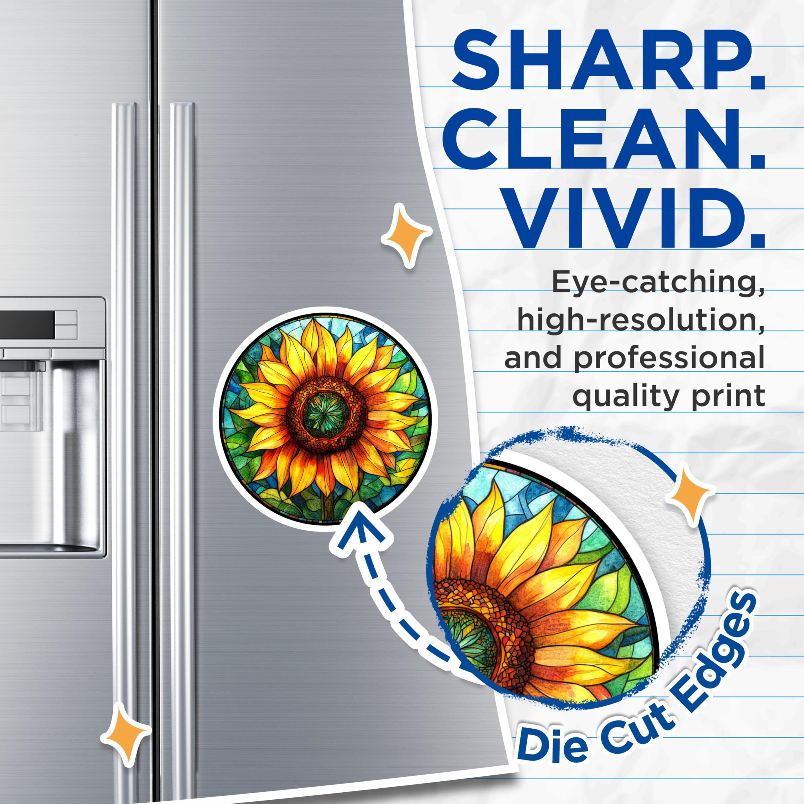 (2 Pack) Sunflower Stained Glass Magnets - Boho Floral Refrigerator Decor - Nature Inspired Art Mandala Accent - 5 Inches On Longest Side - Thick Durable Magnet - Made in USA - MAG28114