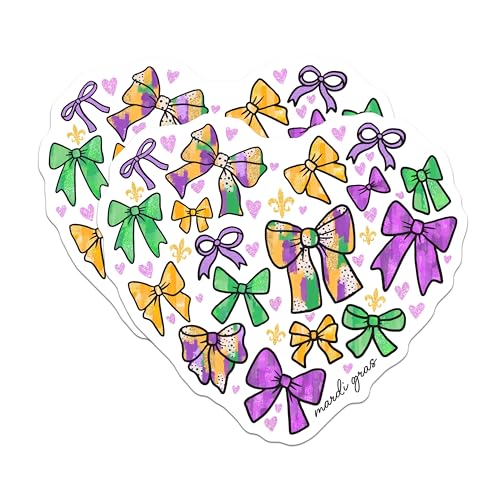 (2 Pack) Mardi Gras Bow Stickers - Heart Shape Sticker - Carnival Celebration - 5" On Longest Side - Sticks to Smooth Flat Surfaces - Made in USA - BMCS6384