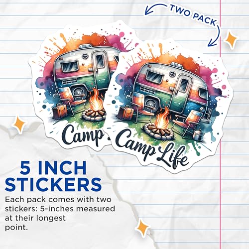 (2 Pack) Camp Life Stickers - Camper Van Stickers - Camping Trip Stickers - 5" On Longest Side - Sticks to Smooth Flat Surfaces - Made in USA - BMCS7038