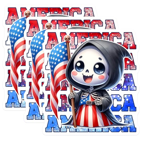 (3 Pack) Grim Reaper USA Flag Decals - Patriotic Laptop Decals - Cute American Stickers - 3 Inches On Longest Side - Easy Peel & Apply - Made in USA - 3MCS6673