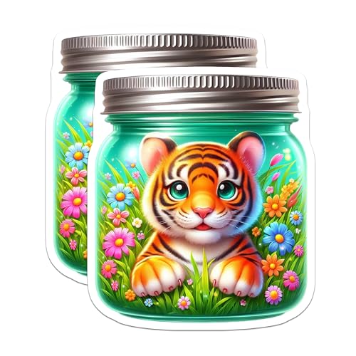 (2 Pack) Cute Tiger Stickers - Adorable Animal Decal - Tiger in Jungle Art - 5" On Longest Side - Sticks to Smooth Flat Surfaces - Made in USA - BMCS9365