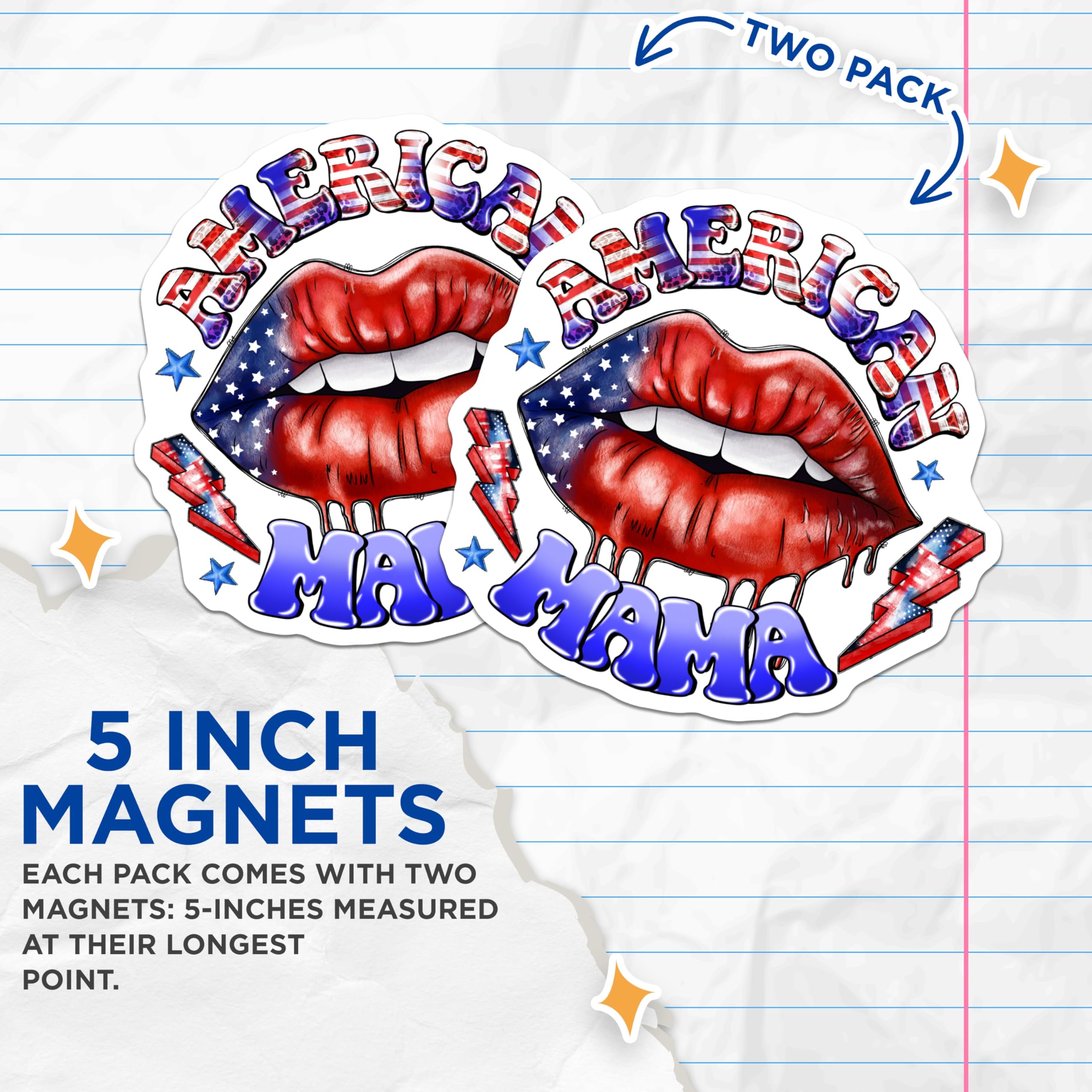 (2 Pack) American Mama Magnets - Patriotic Lips USA Decor - Fourth of July Celebration - Strong Mom Aesthetic Fridge - 5 Inches On Longest Side - Thick Durable Magnet - Made in USA - MAG24281