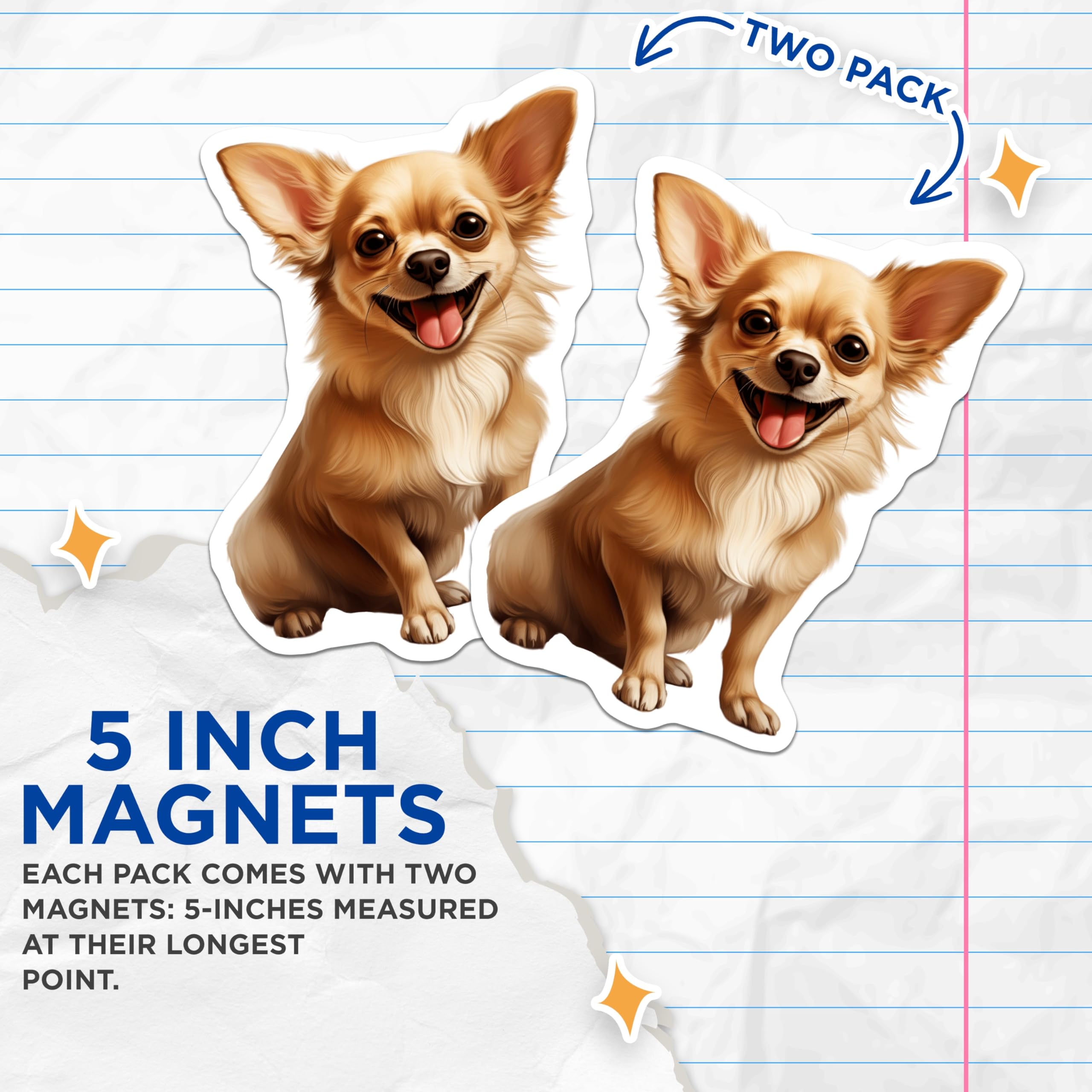 (2 Pack) Long Haired Chihuahua Magnets - Smiling Dog Fridge Decor - Pet Lover Animal Enthusiast - 5 Inches On Longest Side - Thick Durable Magnet - Made in USA - MAG29221