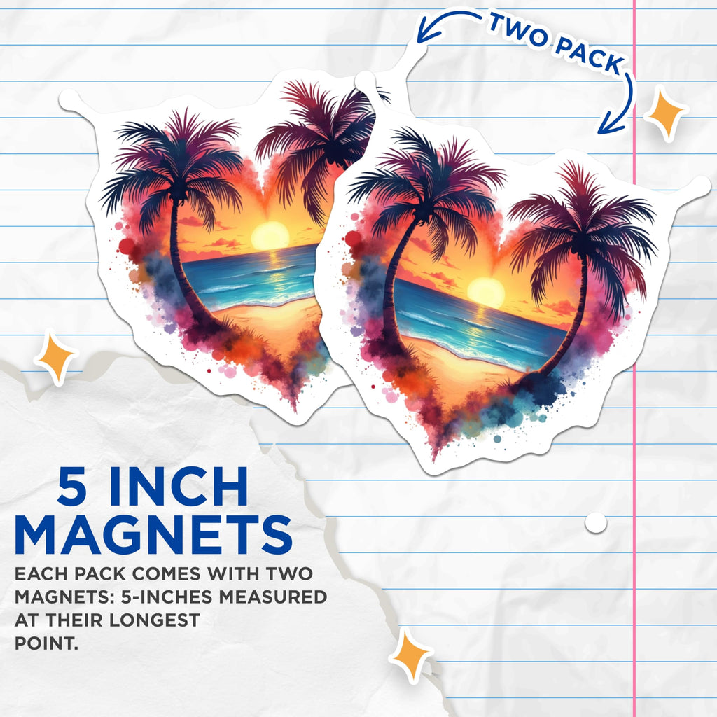 (2 Pack) Tropical Sunset Magnets - Beach Lover Palm Tree Decor - Ocean Landscape Heart Art - Vacation Vibes Coastal Scene - 5 Inches On Longest Side - Thick Durable Magnet - Made in USA - MAG25730