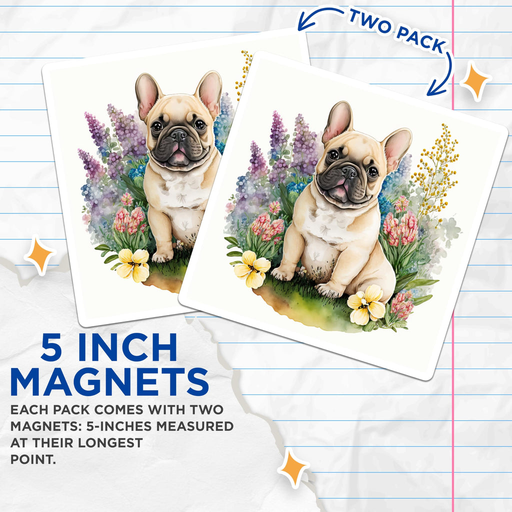 (2 Pack) French Bulldog Magnets - Cute Dog Floral Decor - Animal Lover Home Accessories - 5" On Longest Side - Premium Magnet - for Cars, Refrigerators, Toolboxes, Lockers - Made in USA - MAG14726