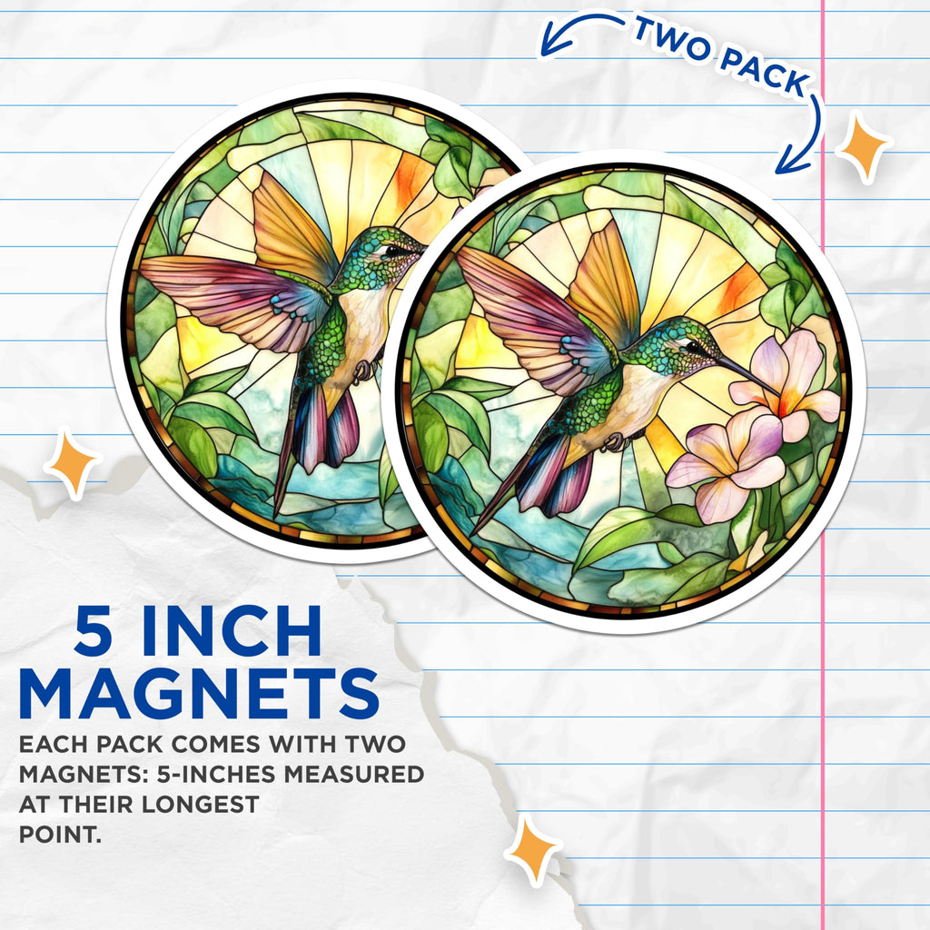 (2 Pack) Hummingbird Stained Glass Magnets - Nature Lover Kitchen Decor - Floral Bird Art Accent - 5 Inches On Longest Side - Thick Durable Magnet - Made in USA - MAG29413