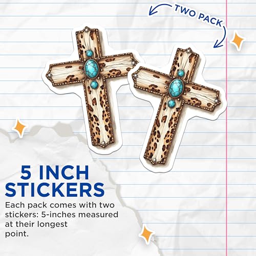 (2 Pack) Leopard Print Cross Stickers - Christian Art - Turquoise Stone Accent - 5" On Longest Side - Sticks to Smooth Flat Surfaces - Made in USA - BMCS8741