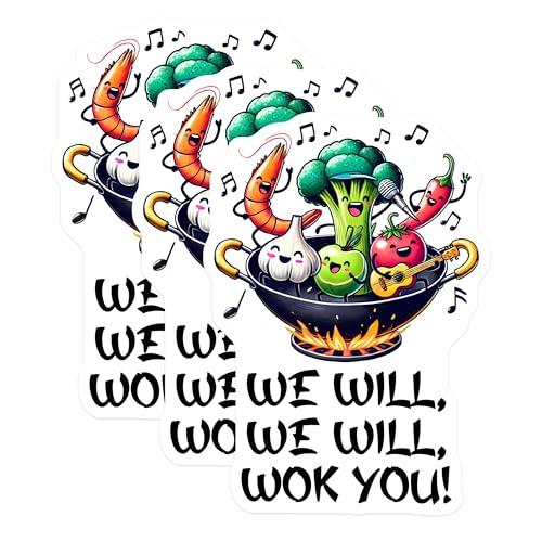 (3 Pack) We Will Wok You Decals - Funny Food Puns - Chef Kitchen Decor - 3 Inches On Longest Side - Easy Peel & Apply - Made in USA - 3MCS6403