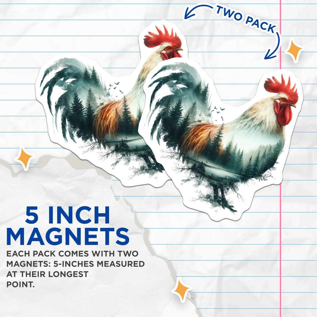 (2 Pack) Rooster Magnets - Chicken Refrigerator Magnet - Forest Silhouette Magnets - 5" On Longest Side - Premium Magnet - for Cars, Refrigerators, Toolboxes, Lockers - Made in USA - MAG14361
