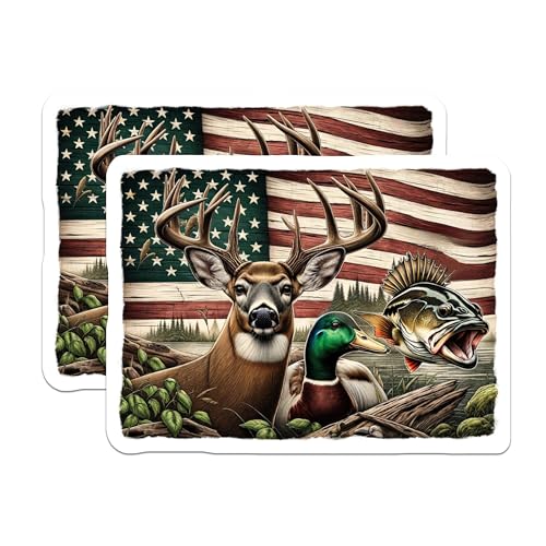 (2 Pack) Hunting and Fishing Stickers - Deer Duck Bass Decal Set - Wildlife Outdoor Adventure Decor - 5" On Longest Side - Sticks to Smooth Flat Surfaces - Made in USA - BMCS6018