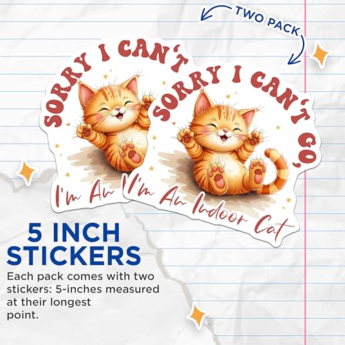(2 Pack) Sorry I Can't Go I'm an Indoor Cat Stickers - Cute Cat Quote Stickers - Funny Animal Stickers - 5" On Longest Side - Sticks to Smooth Flat Surfaces - Made in USA - BMCS4242