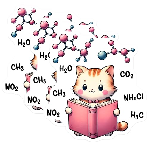 (3 Pack) Scientist Cat Decals - Reading Book - Chemistry Formulas Laptop Decals - 3 Inches On Longest Side - Easy Peel & Apply - Made in USA - 3MCS6784