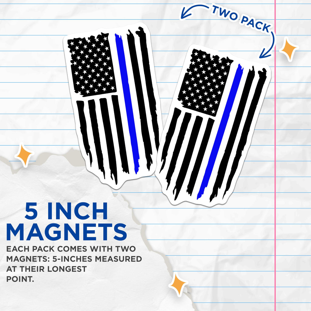 (2 Pack) Thin Blue Line Magnets - American Flag Police Support - Back the Blue First Responder Tribute - 5 Inches On Longest Side - Thick Durable Magnet - Made in USA - MAG22173