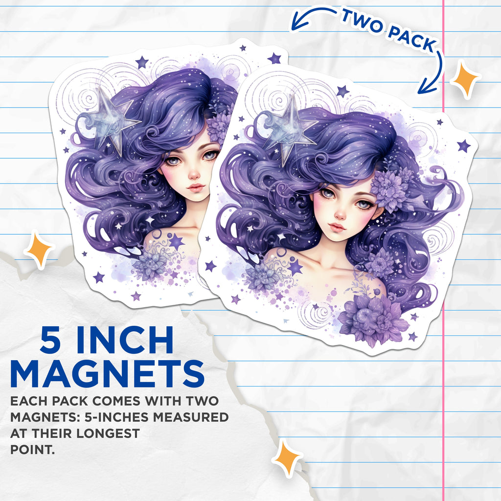 (2 Pack) Purple Hair Fantasy Girl Magnets - Celestial Dreamer Art - Whimsical Aesthetic Decor for Women - 5 Inches On Longest Side - Thick Durable Magnet - Made in USA - MAG36251