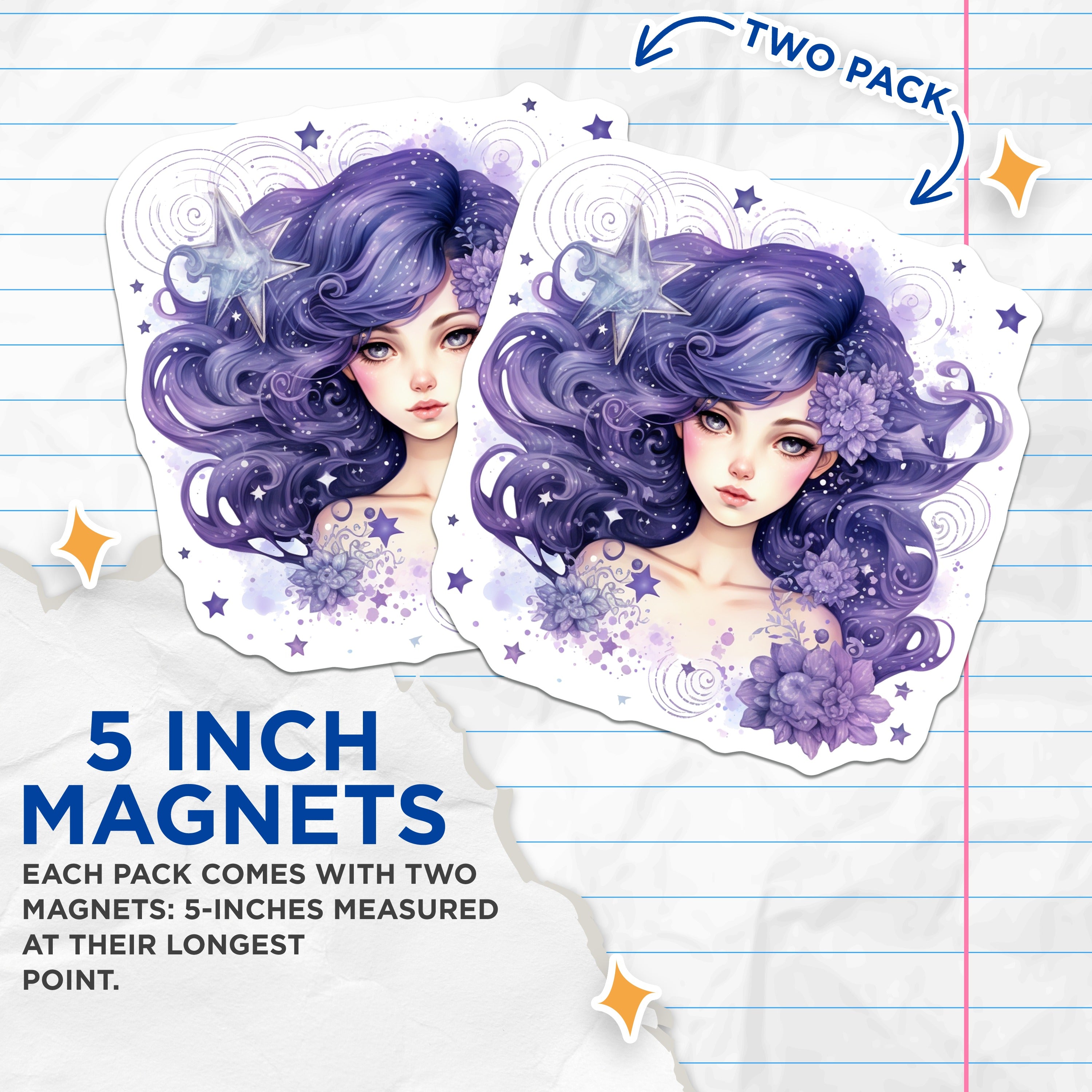 (2 Pack) Purple Hair Fantasy Girl Magnets - Celestial Dreamer Art - Whimsical Aesthetic Decor for Women - 5 Inches On Longest Side - Thick Durable Magnet - Made in USA - MAG36251