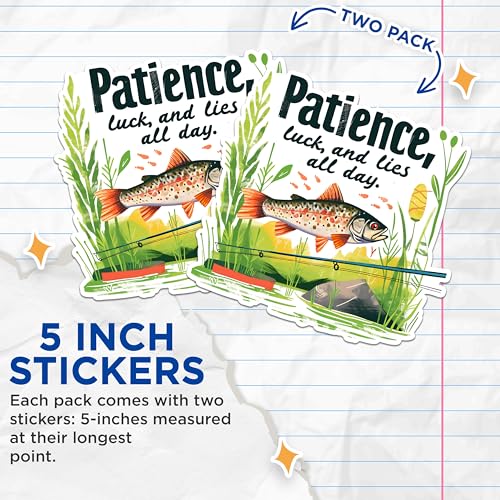 (2 Pack) Patience Fishing Stickers - Angler Quotes Stickers - Fishing Humor Decals - 5" On Longest Side - Sticks to Any Smooth Flat Surface - Made in USA - BMCS2628