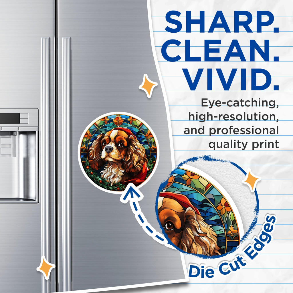 (2 Pack) Cavalier King Charles Magnets - Christmas Dog Decor - Stained Glass Pet Art - 5 Inches On Longest Side - Thick Durable Magnet - Made in USA - MAG28862