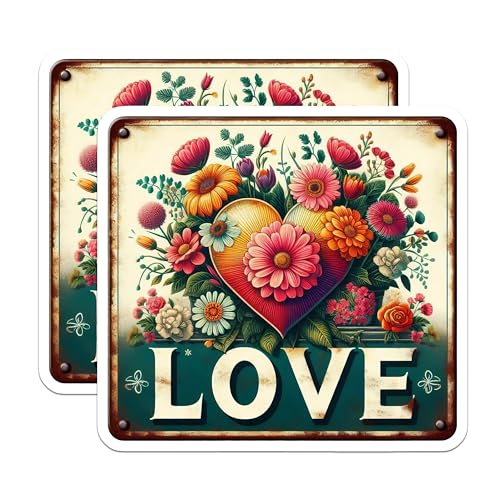(2 Pack) Floral Love Stickers - Heart Flower Design - Colorful Floral Art - 5" On Longest Side - Sticks to Smooth Flat Surfaces - Made in USA - BMCS7148
