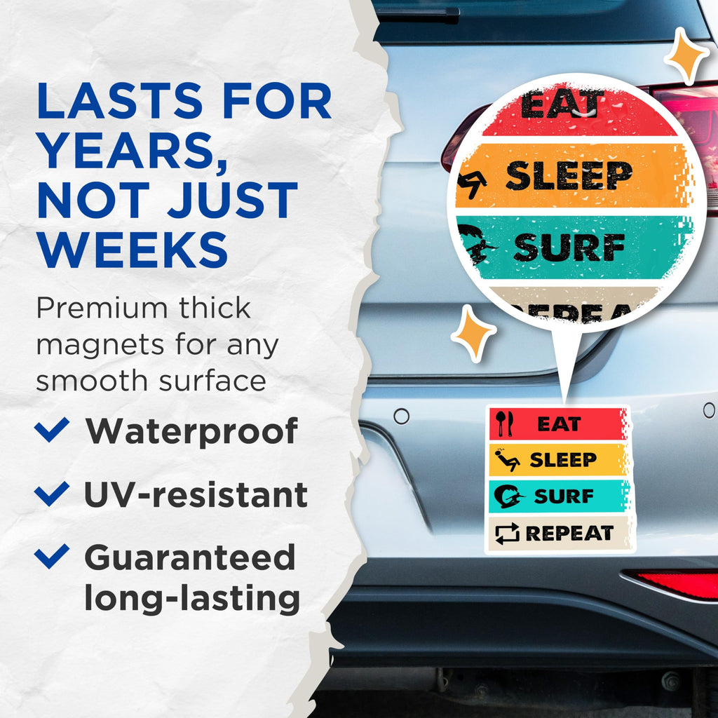 (2 Pack) Eat Sleep Surf Repeat Magnets - Surfer Lifestyle Decor - Ocean Theme Refrigerator Decor - 5 Inches On Longest Side - Thick Durable Magnet - Made in USA - MAG21589