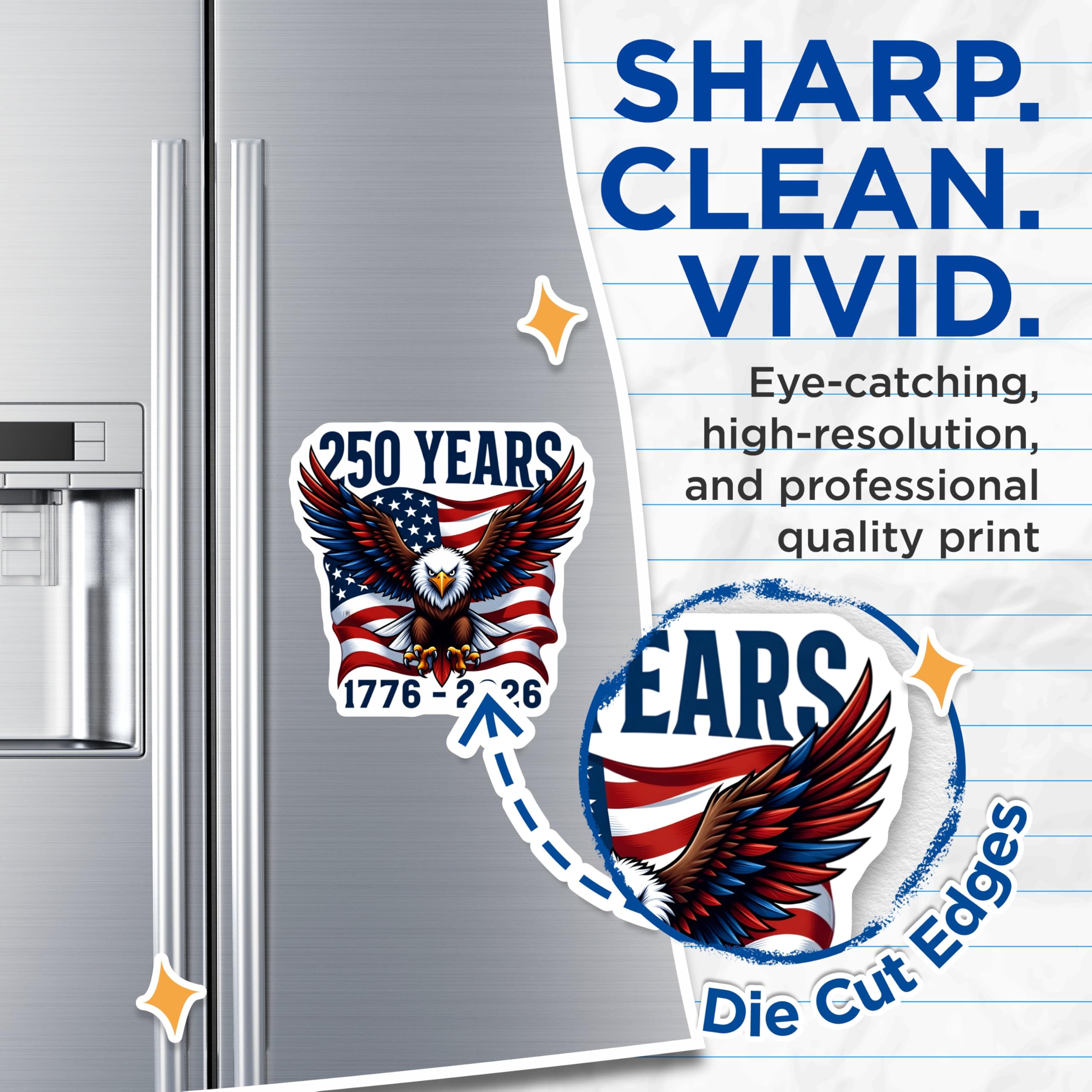 (2 Pack) 250 Years American Eagle Magnets - Patriotic USA Flag - Independence Day Decor - 5 Inches On Longest Side - Thick Durable Magnet - Made in USA - MAG30828