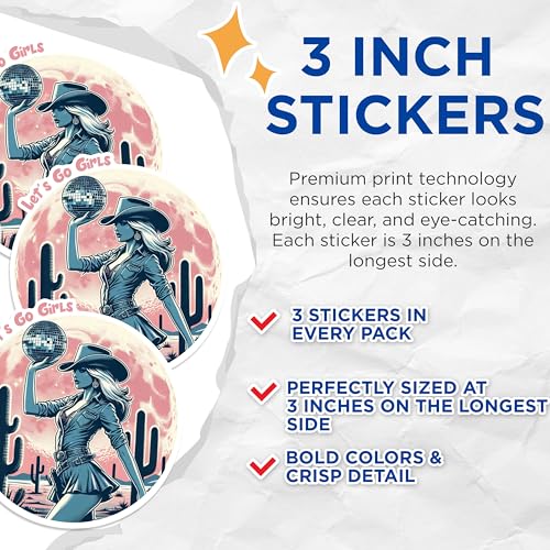 (3 Pack) Cowgirl Decals - Disco Ball Art - Lets Go Girls Laptop Decal - 3 Inches On Longest Side - Easy Peel & Apply - Made in USA - 3MCS1439