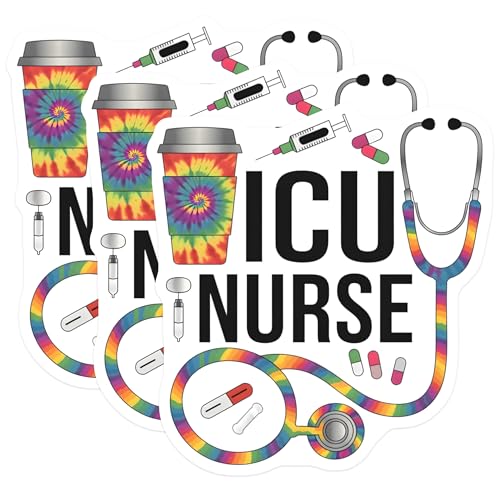 (3 Pack) ICU Nurse Decals - Tie Dye Coffee - Stethoscope Decals- 3 Inches On Longest Side - Easy Peel & Apply - Made in USA - 3MCS5354
