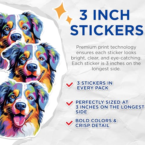 (3 Pack) Australian Shepherd Decals - Colorful Dog Decal - Laptop Decal - 3 Inches On Longest Side - Easy Peel & Apply - Made in USA - 3MCS0634