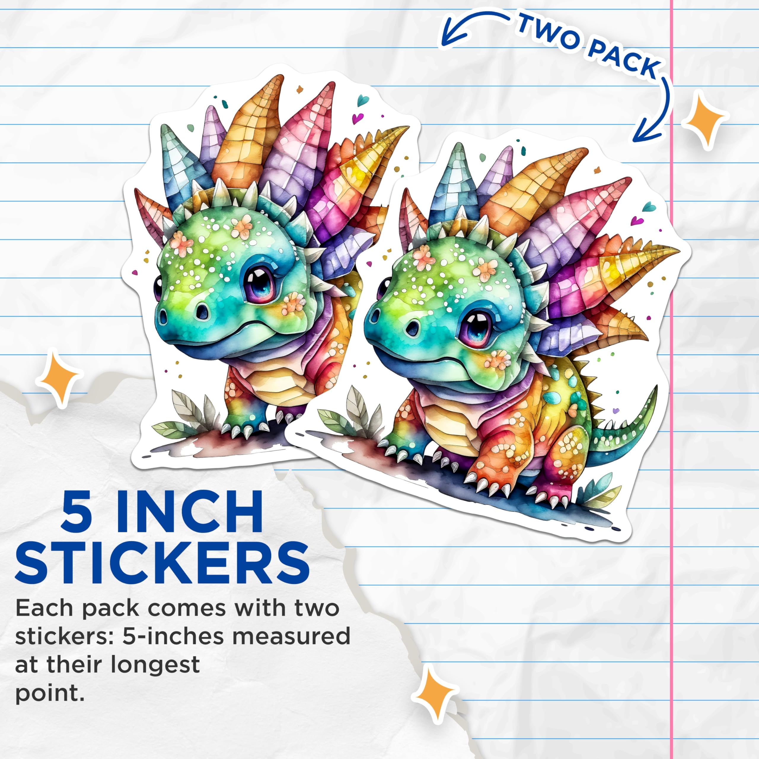 (2 Pack) Rainbow Stegosaurus Stickers - Cute Dinosaur Decal - Kids Room Decor - 5" On Longest Side - Sticks to Smooth Flat Surfaces - Made in USA - BMCS14035