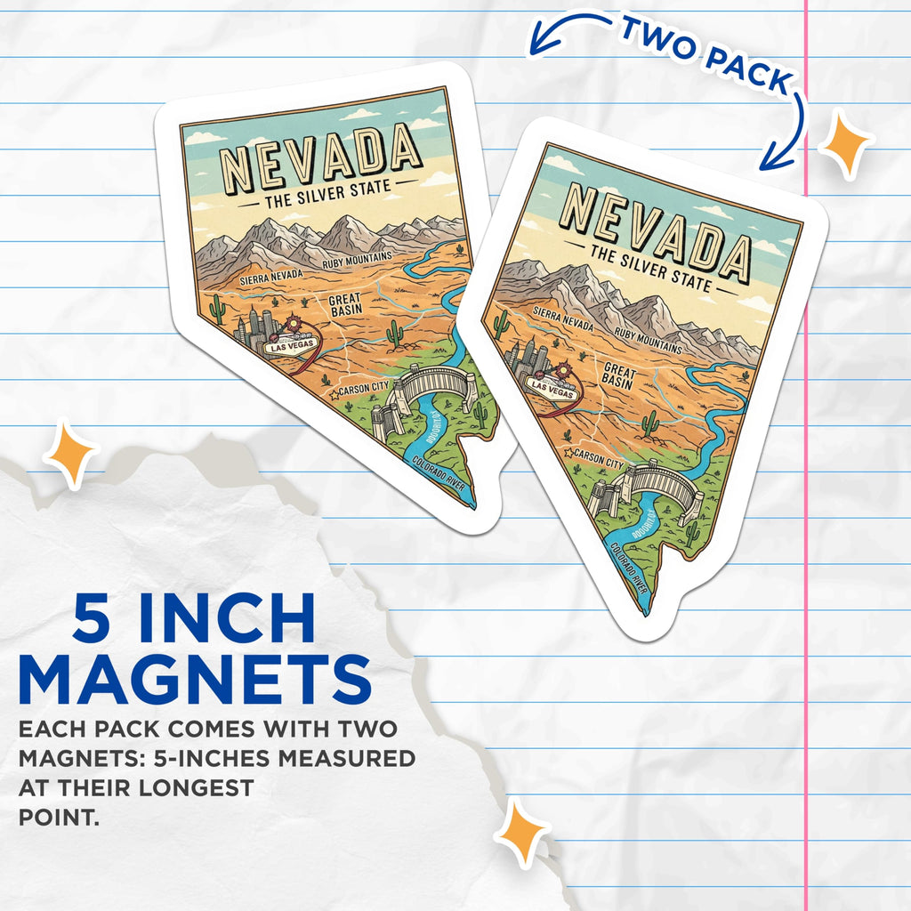 (2 Pack) Nevada Magnets - The Silver State - Nevada State Map - USA Travel Decor - 5" On Longest Side - Premium Magnet - for Cars, Refrigerators, Toolboxes, Lockers - Made in USA - MAG17899
